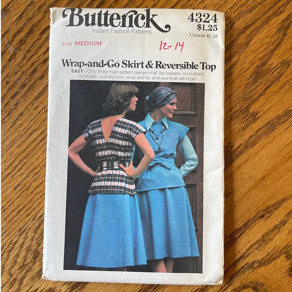 UNCUT Vintage 1970s Butterick 4324 Sewing Pattern Size S-M Reversible Top Skirt